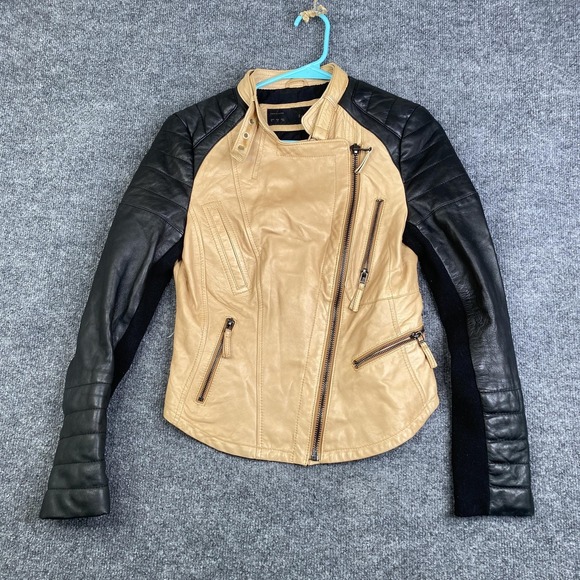 Zara Basic Jackets & Blazers - Zara Jacket Womens Medium Beige Black Leather Moto Asymmetrical Lambskin Cafe